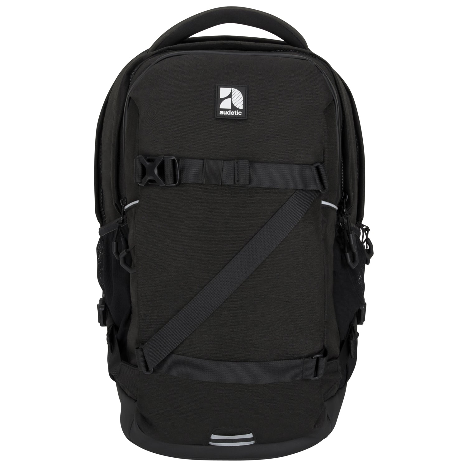 Schwarzer Schulrucksack COSMO von audetic mit Frontverschluss und zwei diagonalen Riemen