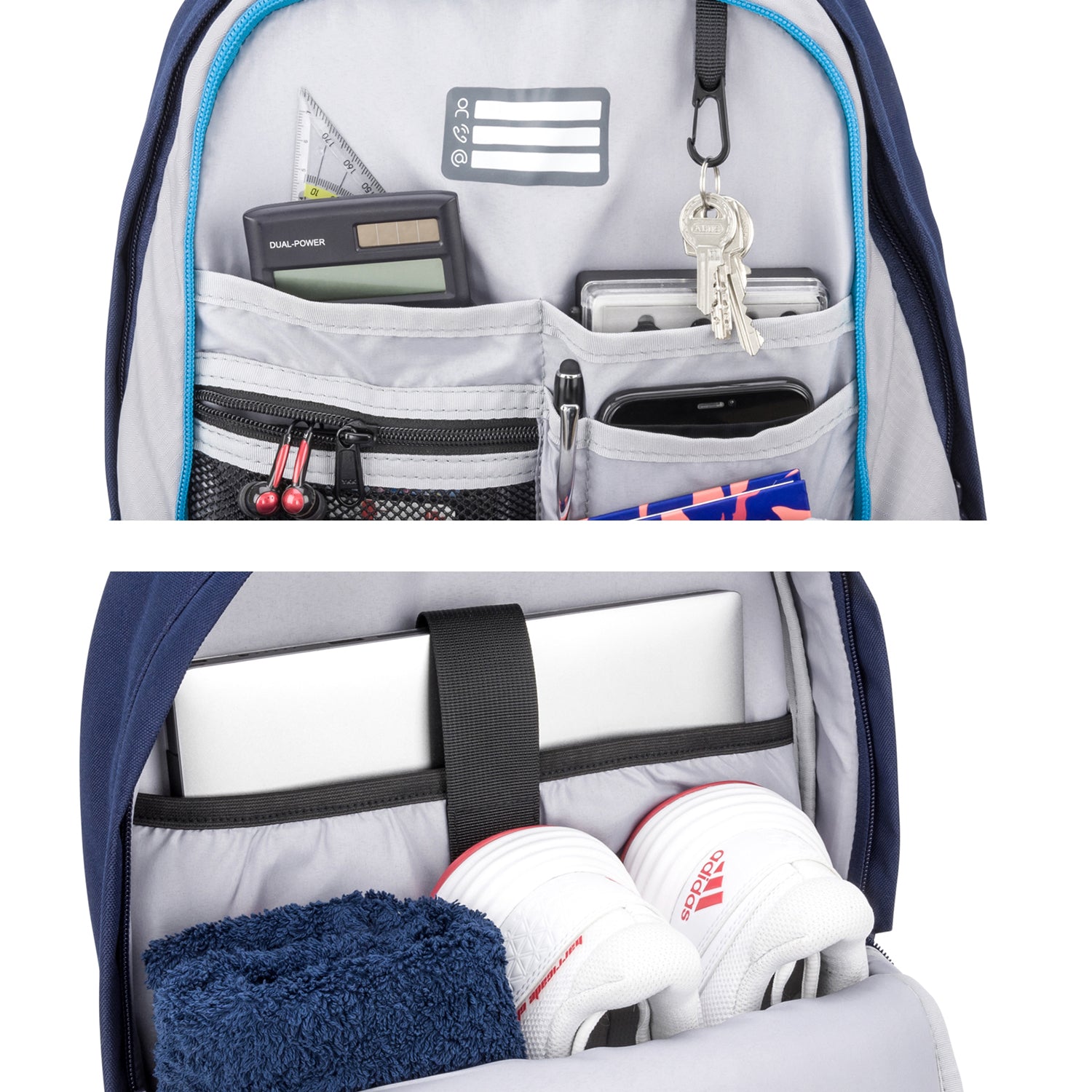 Innenansicht des blauen Schulrucksacks AERO mit organisiertem Innenfach, das Taschenrechner, Stifte, Schlüssel, Bücher, Laptop und weiße Sportschuhe enthält
