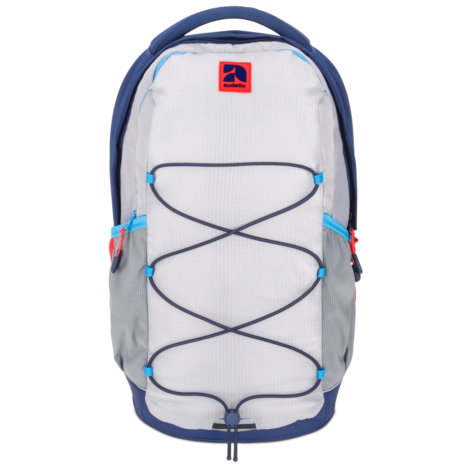 Schulrucksack AERO von audetic, hellgrau mit blauen und roten Akzenten und elastischem Frontnetz