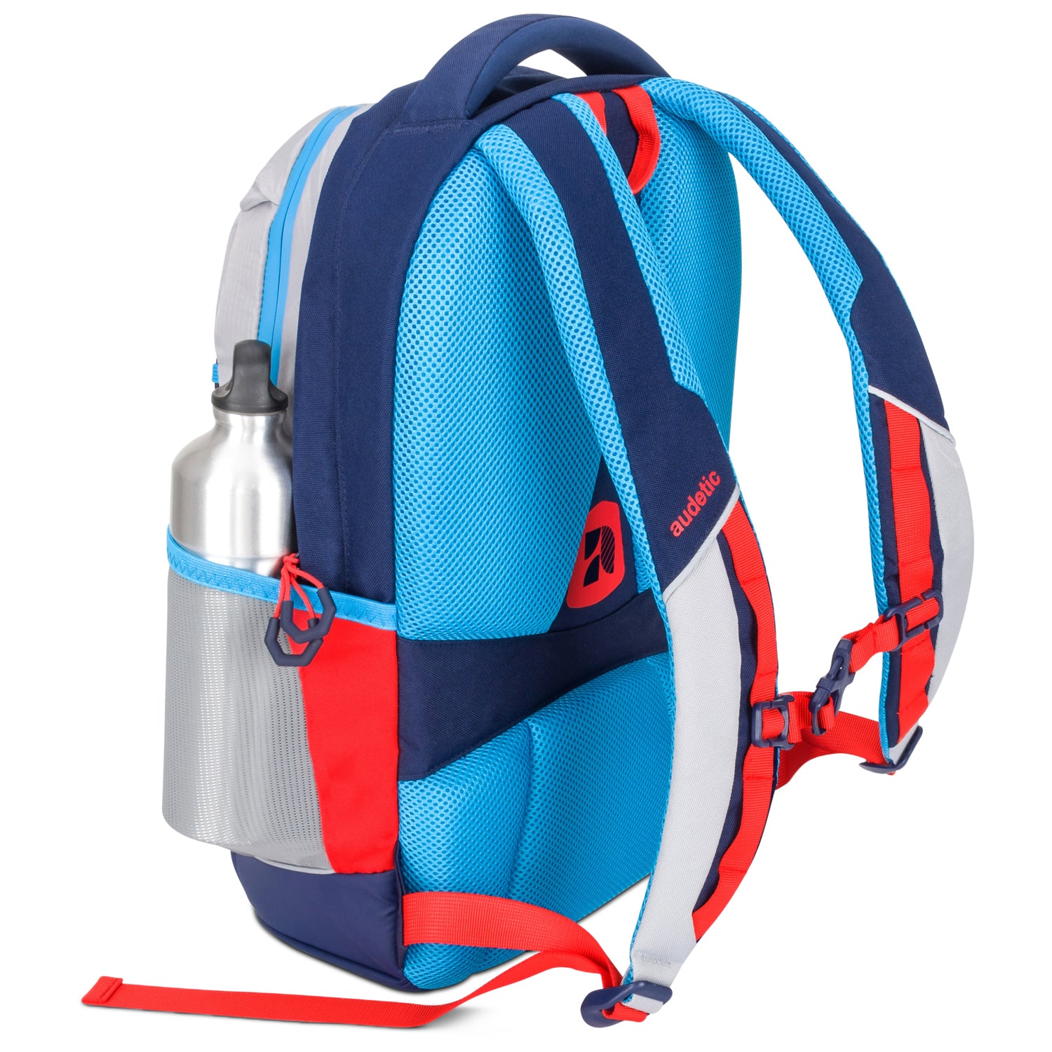 Schulrucksack AERO von Audetic, blau-rot mit gepolsterten Rückenteilen und Trinkflasche in seitlicher Netztasche