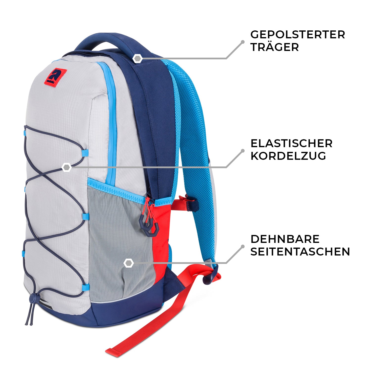 Schulrucksack AERO in Grau-Blau mit gepolstertem Träger, elastischem Kordelzug und dehnbaren Seitentaschen