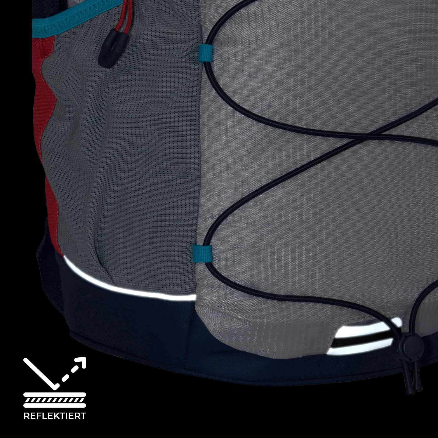Nahaufnahme eines grau-roten Schulrucksacks AERO mit reflektierenden Elementen und elastischen Schnüren