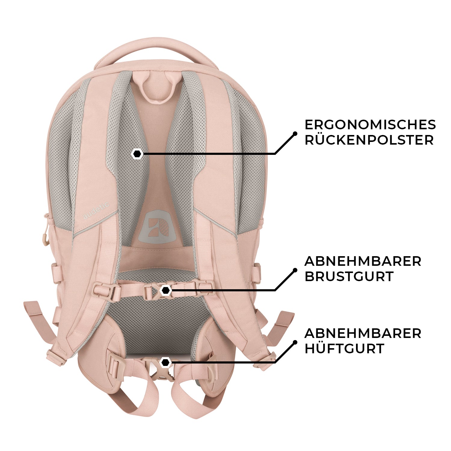 Rosa Schulrucksack COSMO mit ergonomischem Rückenpolster, abnehmbarem Brustgurt und abnehmbarem Hüftgurt