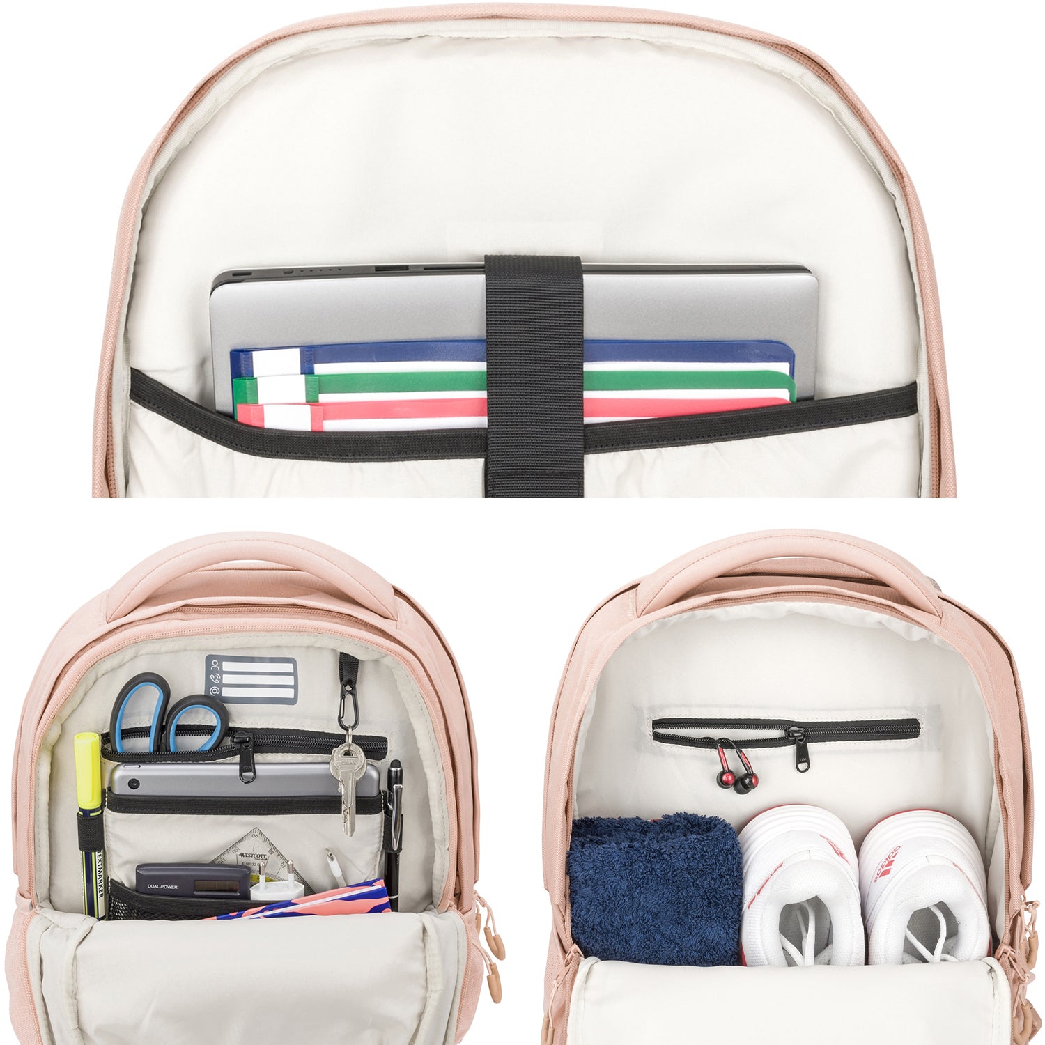 Rosa Schulrucksack COSMO mit gepolstertem Laptopfach, organisiert mit Ordnern, Stiften, Schere, Schlüssel und Schuhfach mit Handtuch