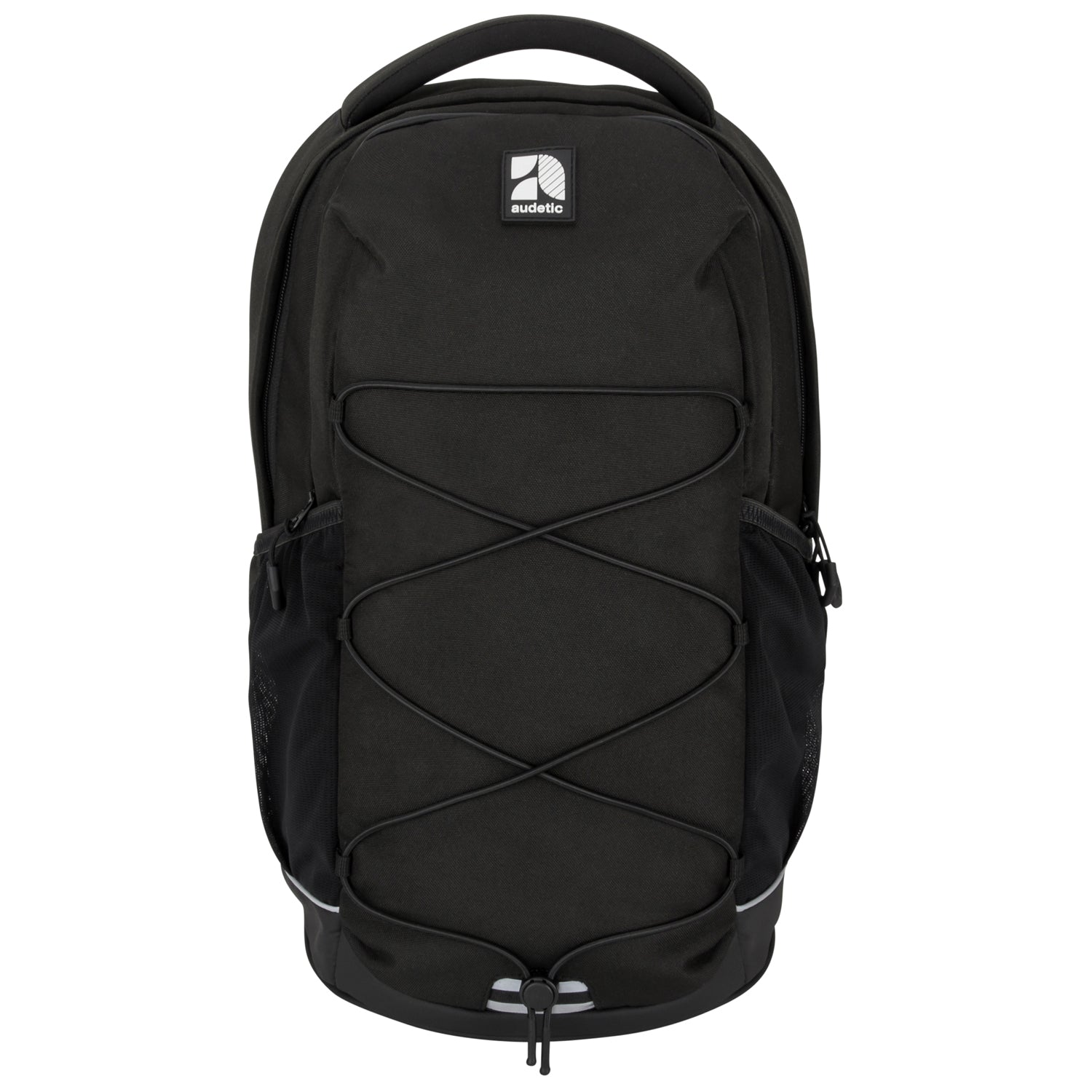 Schwarzer Schulrucksack 'AERO' von audetic mit elastischem Frontgurt und seitlichen Netztaschen