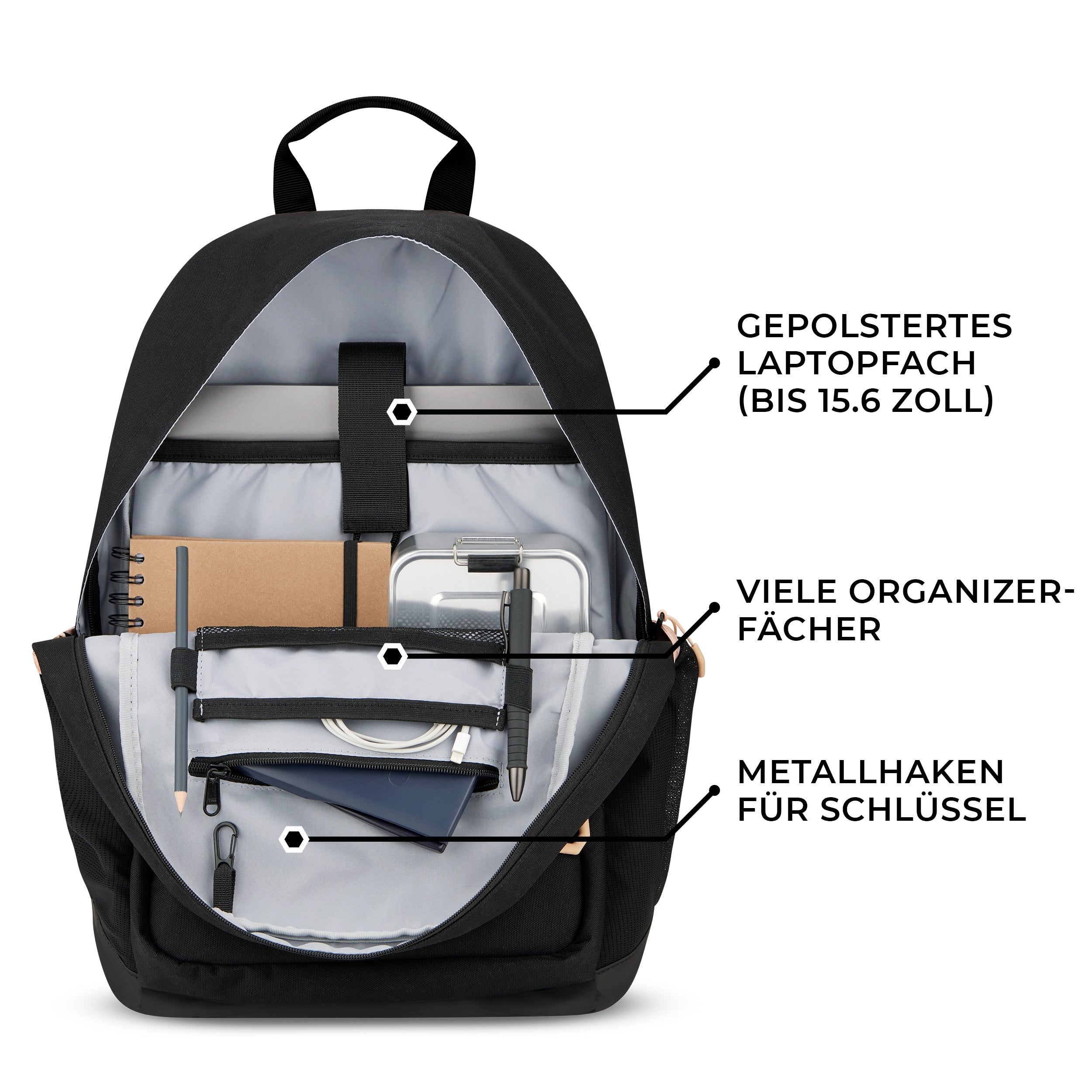 Offener schwarzer Schulrucksack FLEX mit gepolstertem Laptopfach, vielen Organizerfächern und Metallhaken für Schlüssel