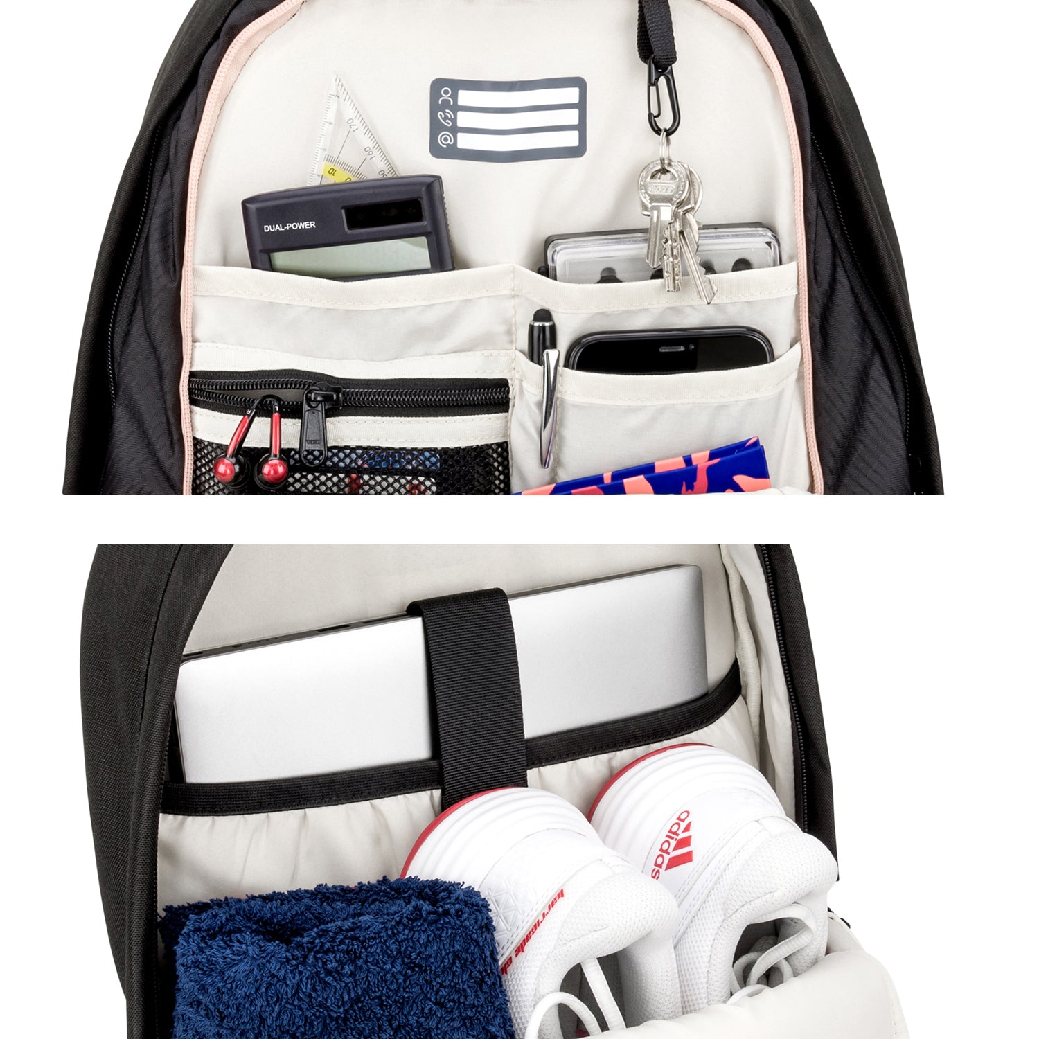 Schulrucksack AERO geöffnet mit Taschen für Stifte, Taschenrechner, Schlüssel, Handy, Laptopfach und Platz für Schuhe