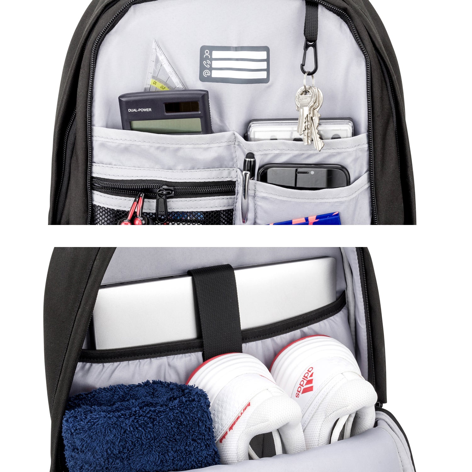 Schwarzer Schulrucksack AERO mit mehreren Fächern, ausgestattet mit Rechenschieber, Taschenrechner, Stift, Schlüssel, Smartphone, Laptop, weißen Adidas-Schuhen und blauem Handtuch