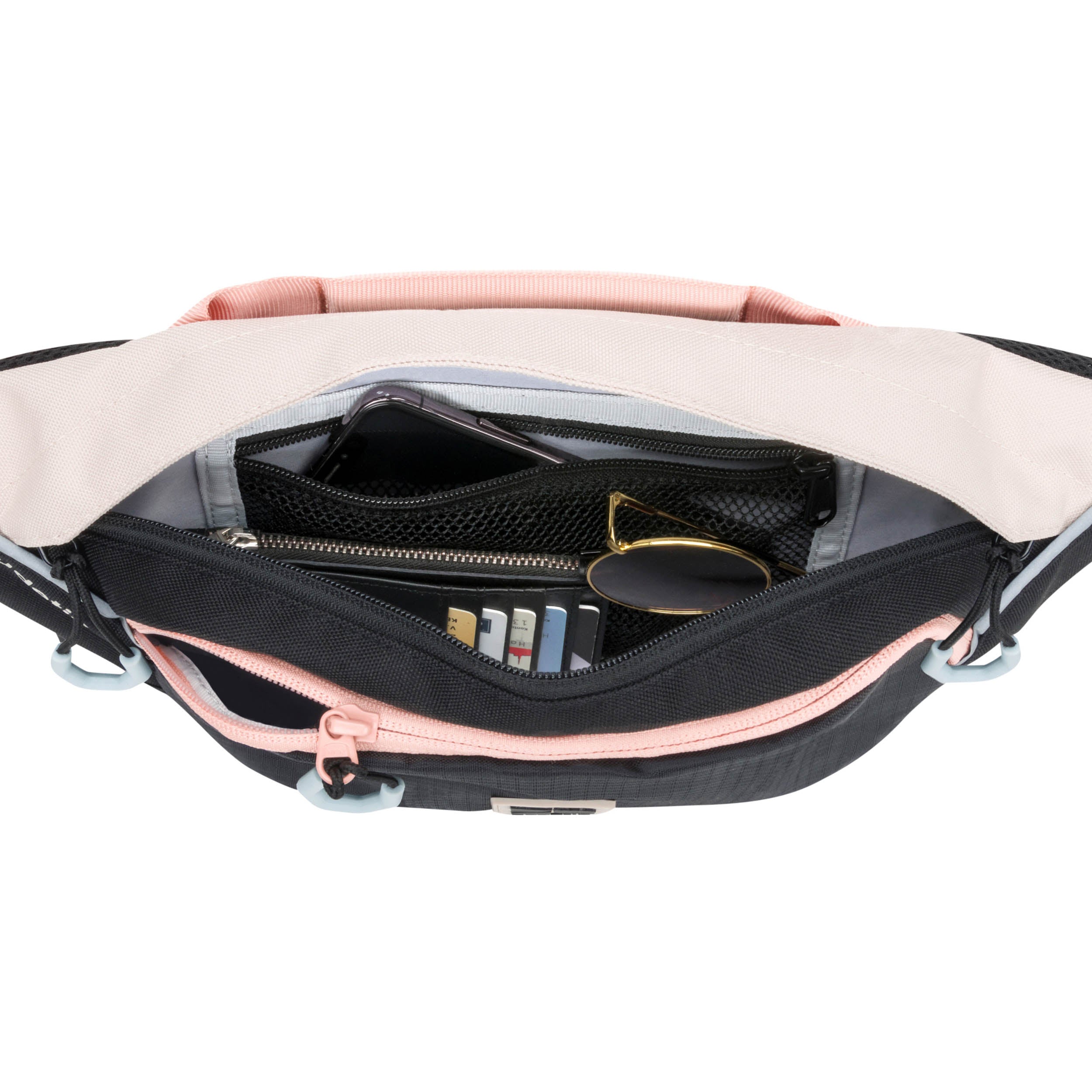 Offene Bauchtasche DRIP in Schwarz mit rosa Reißverschluss und Innenfächern, gefüllt mit Smartphone, Kartenetui und Sonnenbrille