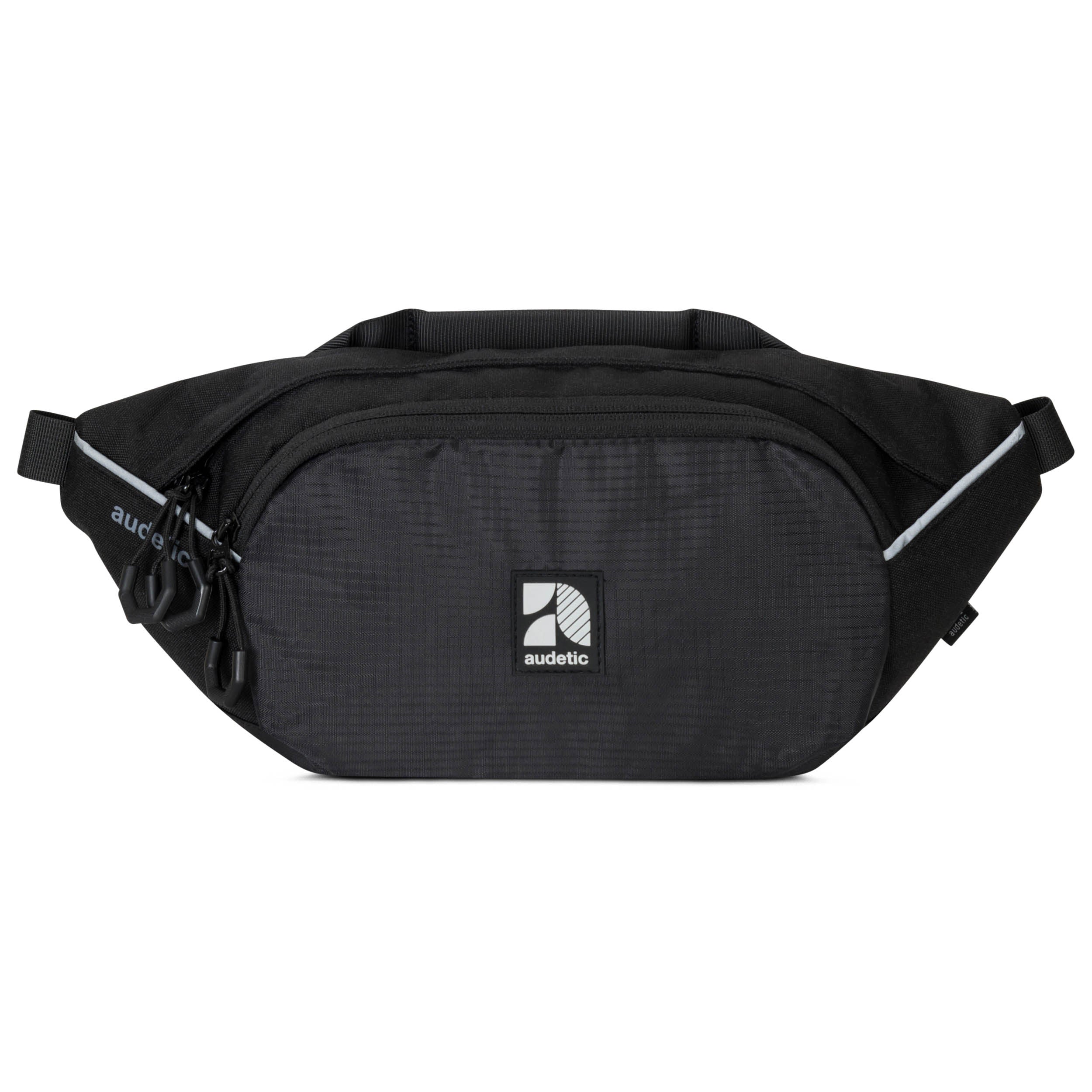 Schwarze Bauchtasche DRIP mit audetic Logo, mehreren Reißverschlusstaschen und reflektierenden Details