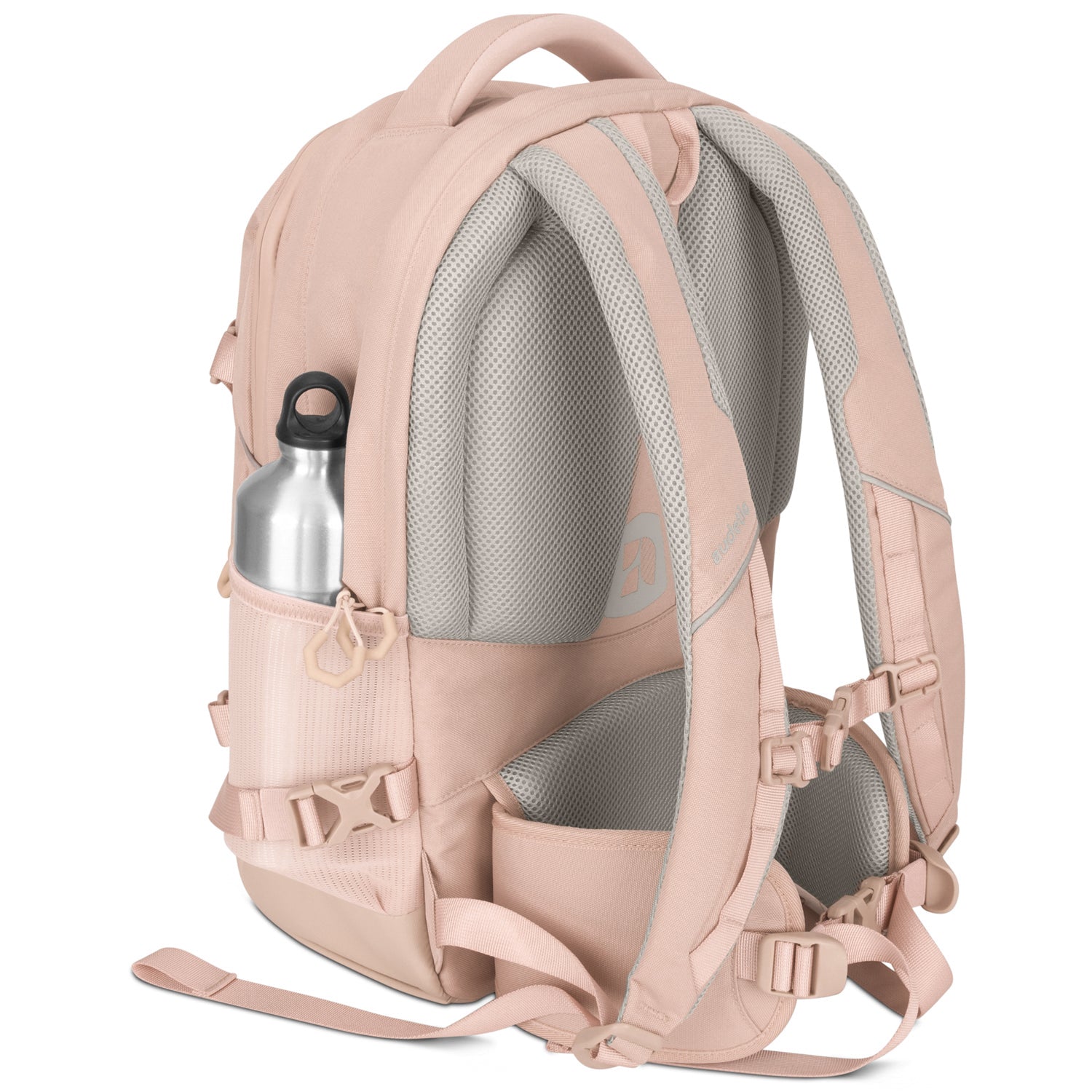 Schulrucksack COSMO in rosa mit atmungsaktiven, gepolsterten Trägern, Hüftgurt und einer silbernen Trinkflasche in Seitentasche