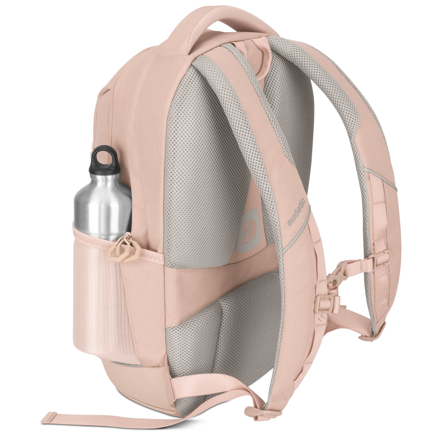 Rosa Schulrucksack AERO mit gepolsterten grauen Rücken- und Schultergurten und silberner Trinkflasche in Seitentasche