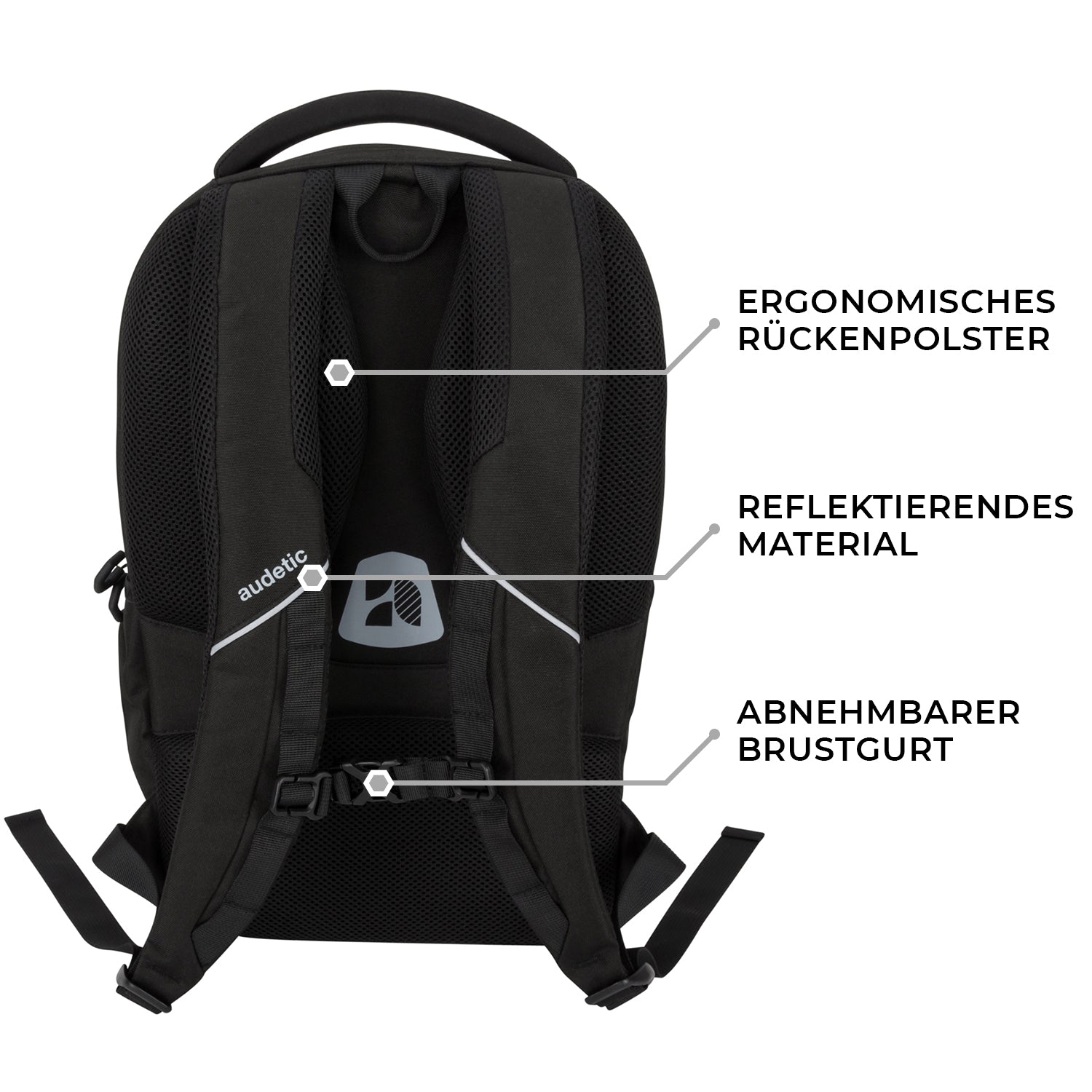 Schulrucksack AERO schwarz mit ergonomischem Rückenpolster, reflektierendem Material und abnehmbarem Brustgurt