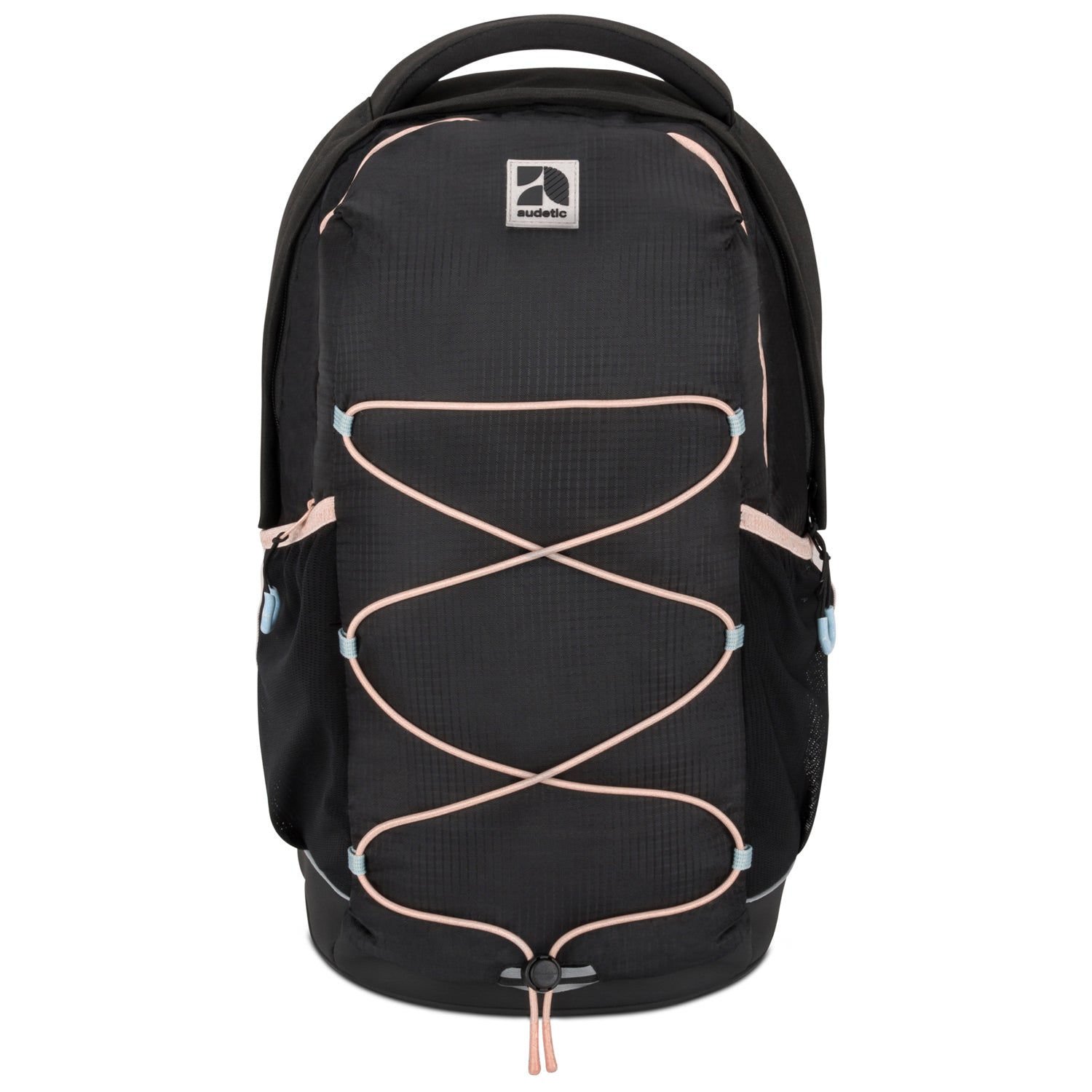 Schulrucksack AERO von audetic, schwarz mit hellrosa Zierband und elastischem Frontkordel-System