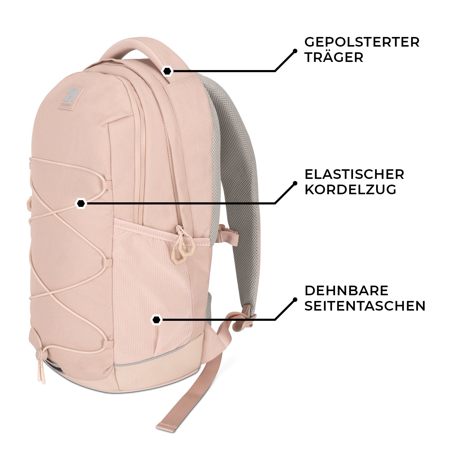 Rosa Schulrucksack AERO mit gepolstertem Träger, elastischem Kordelzug und dehnbaren Seitentaschen