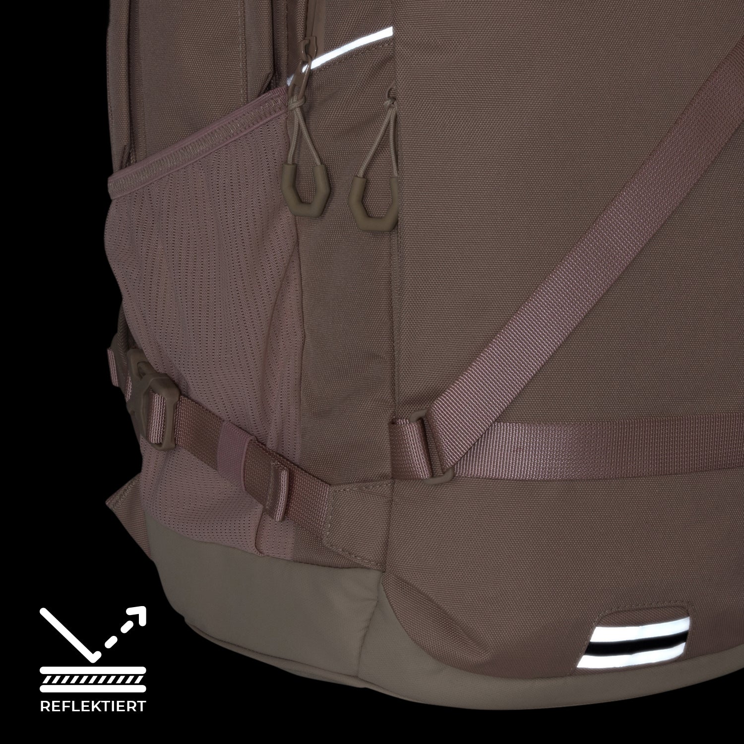 Nahaufnahme des rosa Schulrucksacks COSMO mit reflektierendem Streifen am unteren Rand