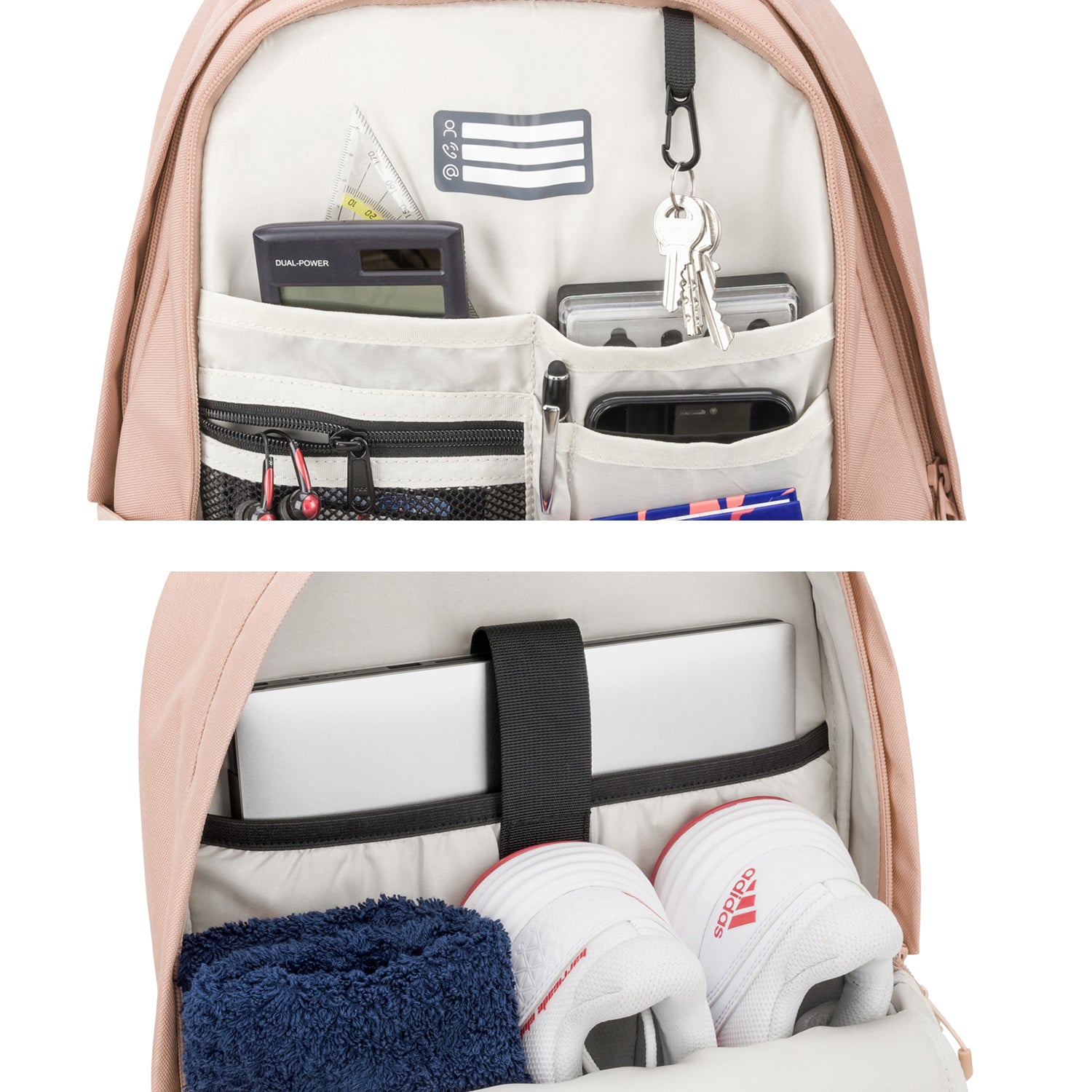 Rosa Schulrucksack AERO mit organisiertem Innenfach, Stifthalter, Schlüsselclip, Laptopfach, Schuhfach mit weißen Adidas-Schuhen und blauem Handtuch